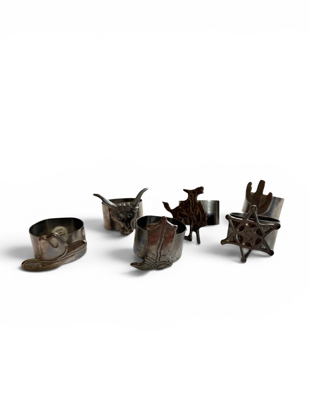Vintage Western Theme Silver-Tone Napkin Rings x6 Cowboy, Longhorn, Cactus